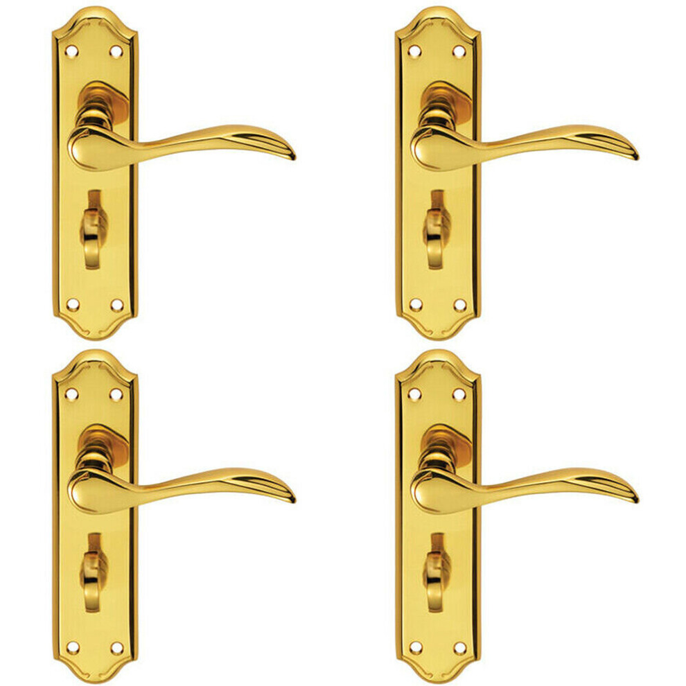 Loops 4X Pair Curved Door Handle Lever On Bathroom Backplate 180 X 45Mm Polished Brass