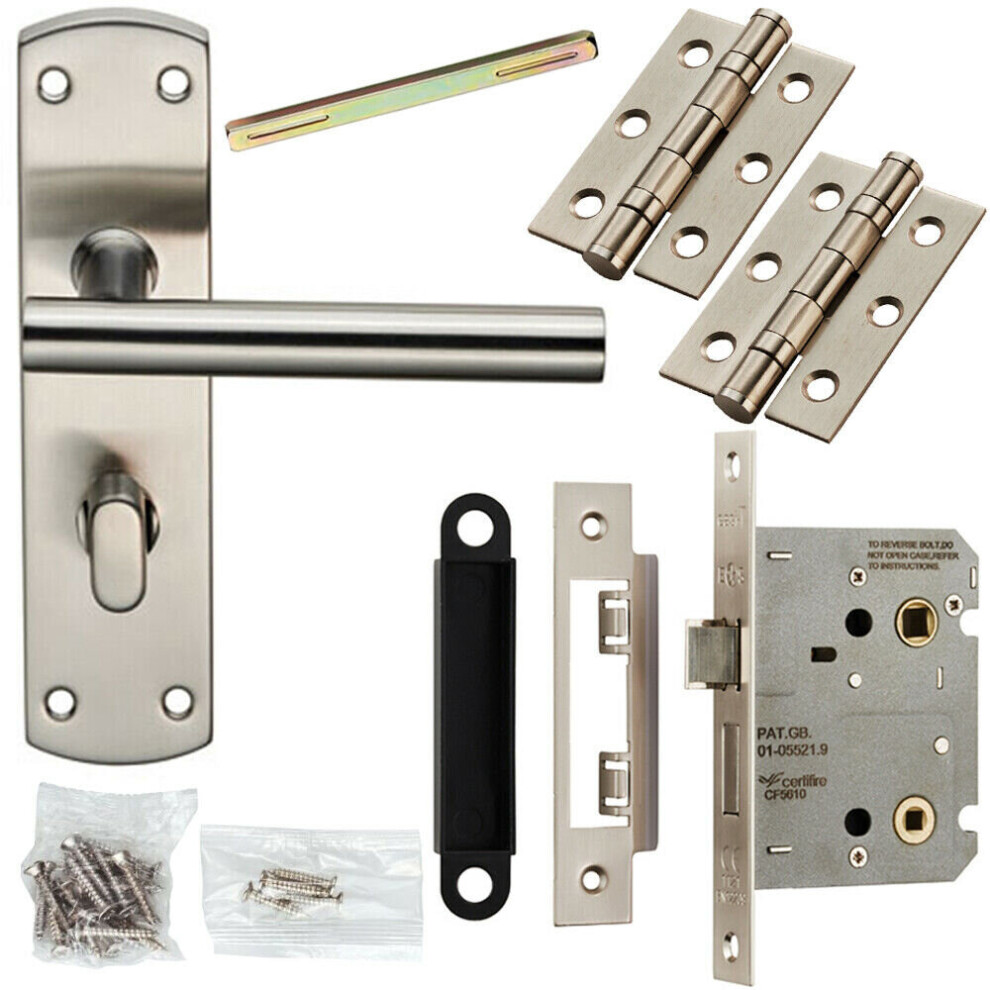 Loops Door Handle & Bathroom Lock Pack Satin Steel Modern Straight T Bar Backplate
