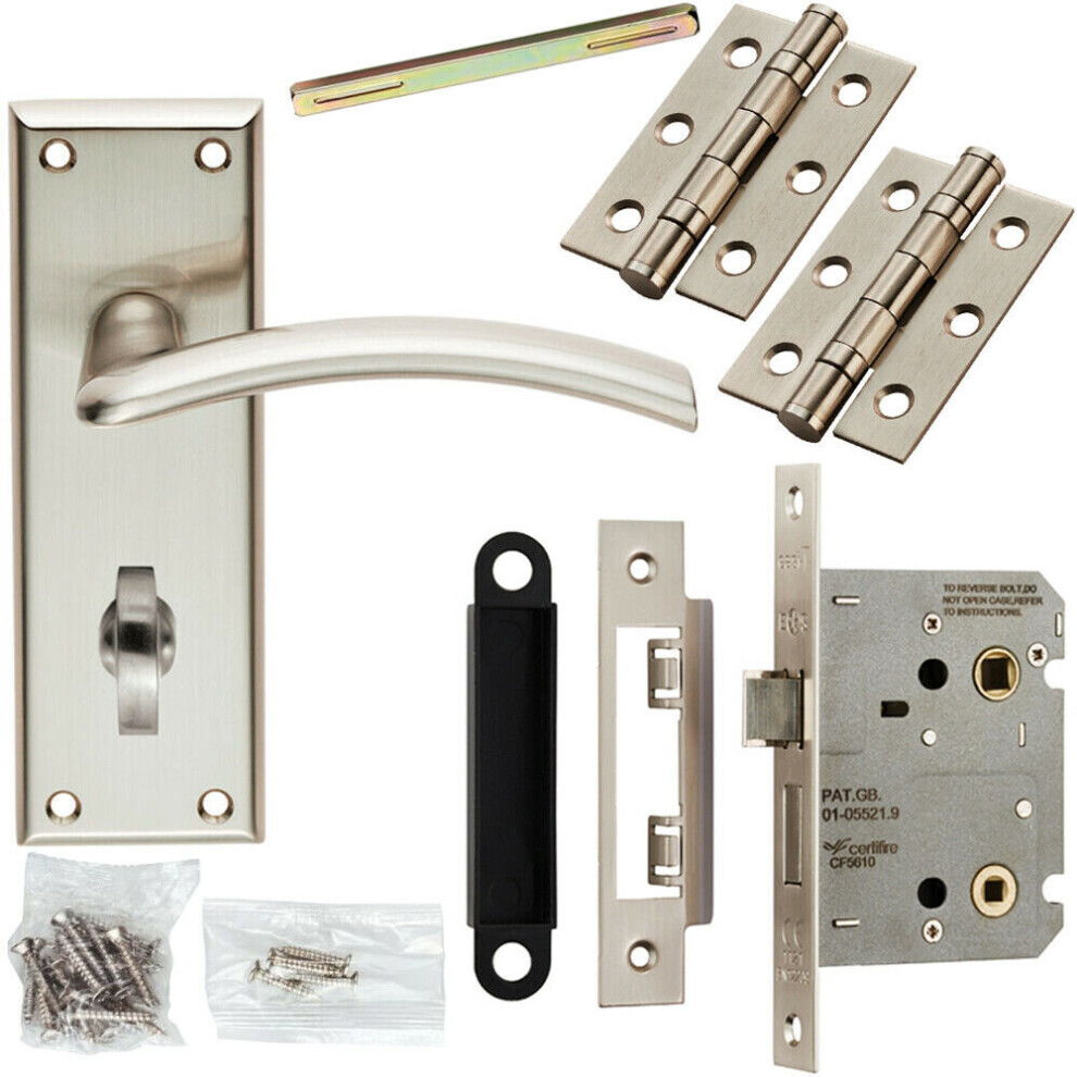 Loops Door Handle & Bathroom Lock Pack Satin Nickel Curved Arched Lever Backplate