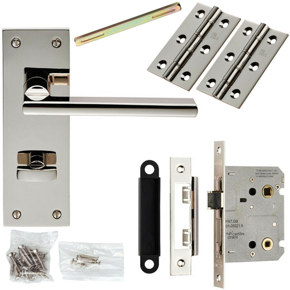 Door Handle & Bathroom Lock Pack Polished Nickel Flat Lever Turn Backplate