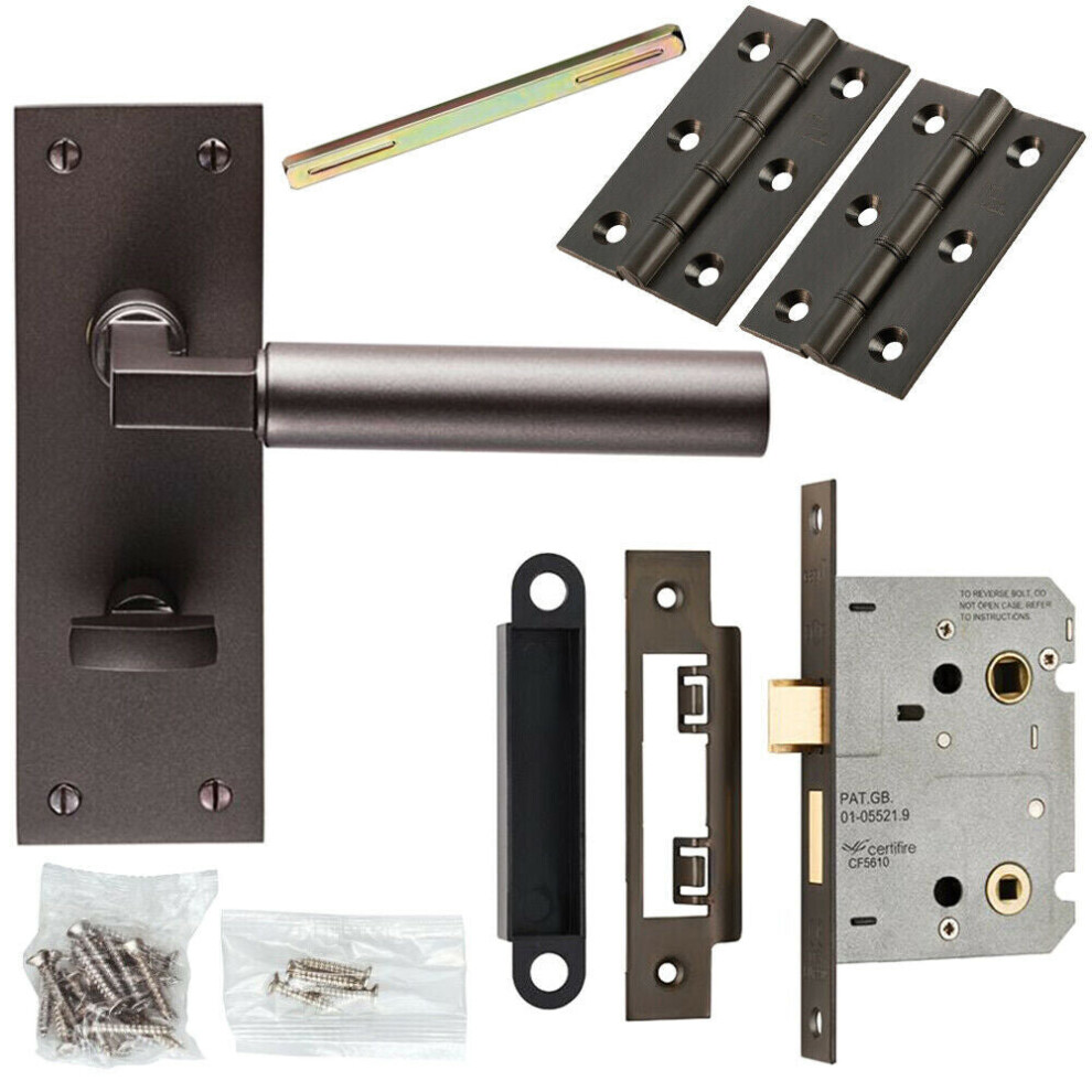 Door Handle & Bathroom Lock Pack Matt Bronze Straight Round Bar Turn Backplate