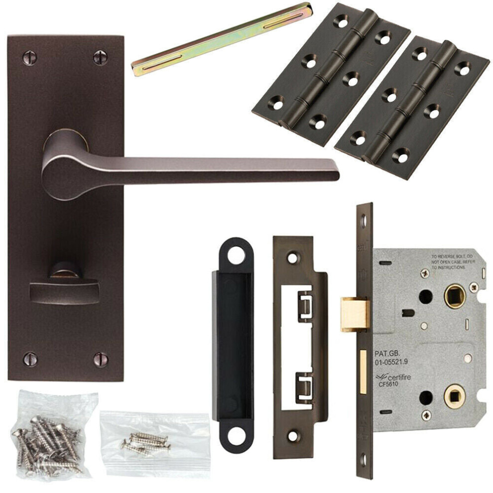Door Handle & Bathroom Lock Pack Matt Bronze Straight Bar Thumb Turn Backplate