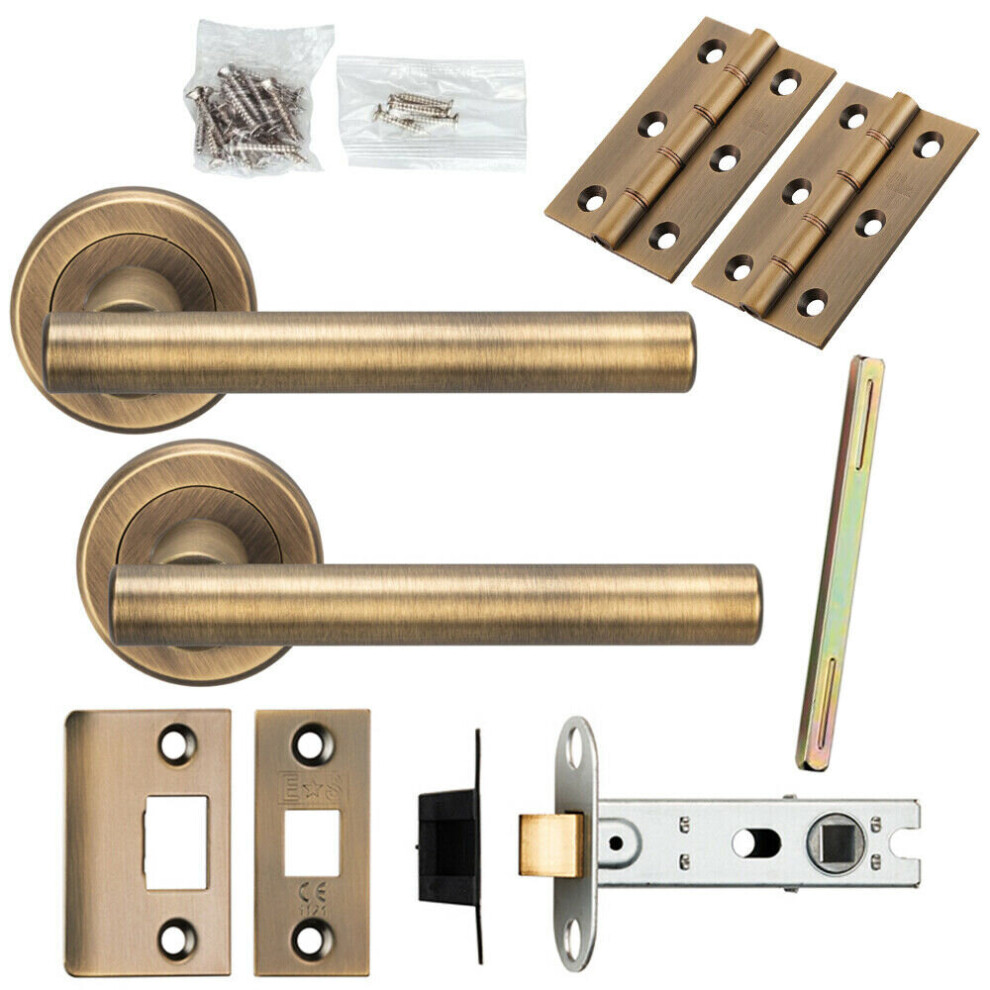 Loops Door Handle & Latch Pack Antique Brass Round T Bar Lever Screwless Round Rose