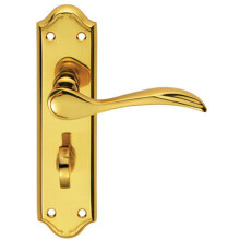 PAIR Curved Door Handle Lever on Bathroom Backplate 180 x 45mm Polished Brass