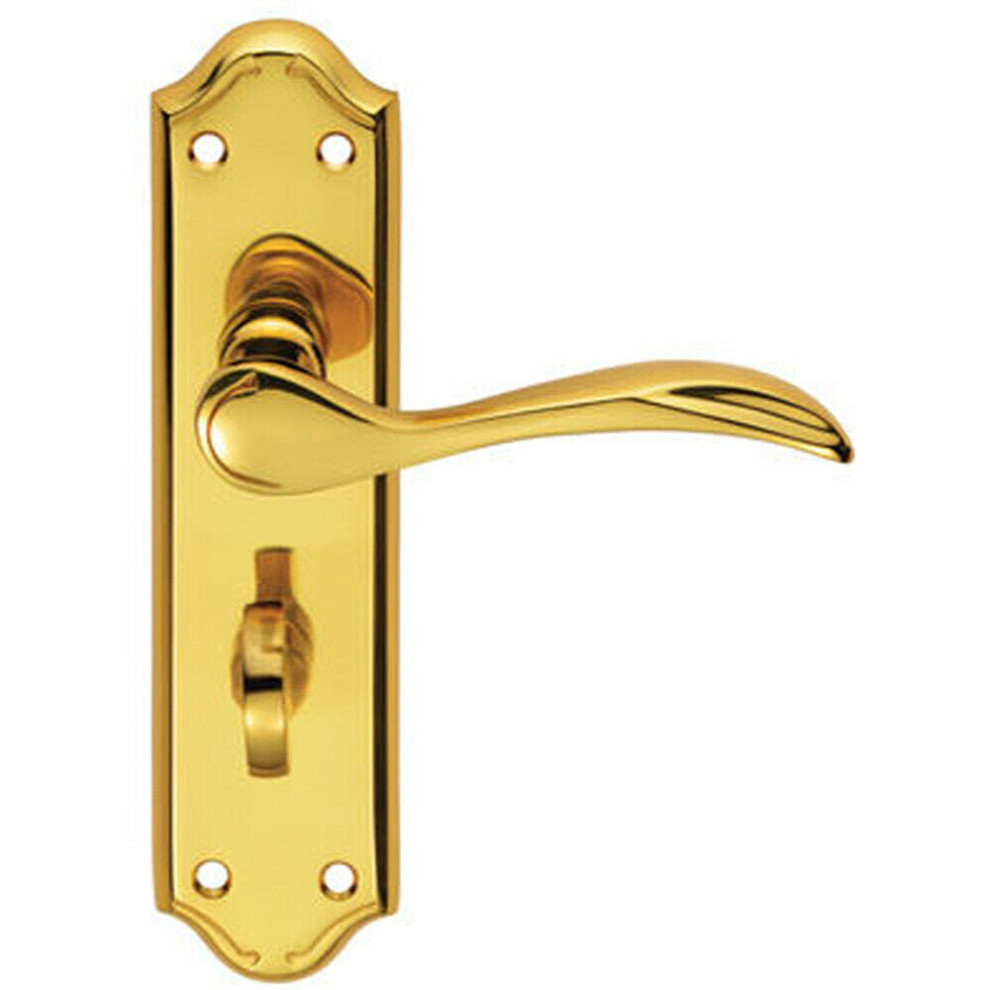 PAIR Curved Door Handle Lever on Bathroom Backplate 180 x 45mm Polished Brass