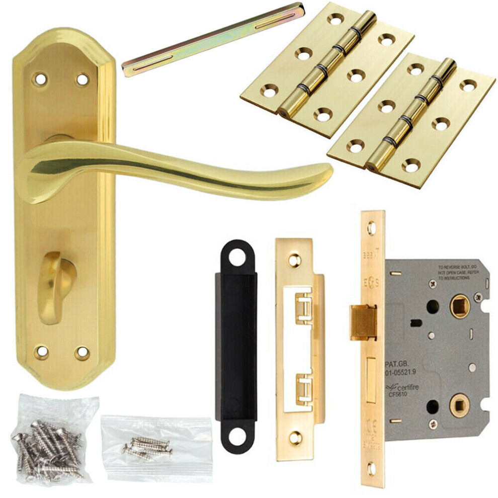 Door Handle & Bathroom Lock Pack Brass Sculpted Lever Thumbturn Backplate