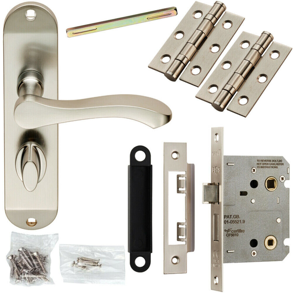 Door Handle & Bathroom Lock Pack Satin Chrome Scroll Lever Thumb Turn Backplate