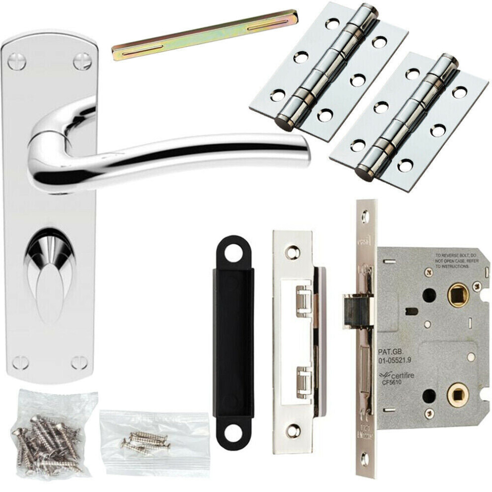 Door Handle & Bathroom Lock Pack Chrome Curved Round Arm Thumb Turn Backplate 5056524214992