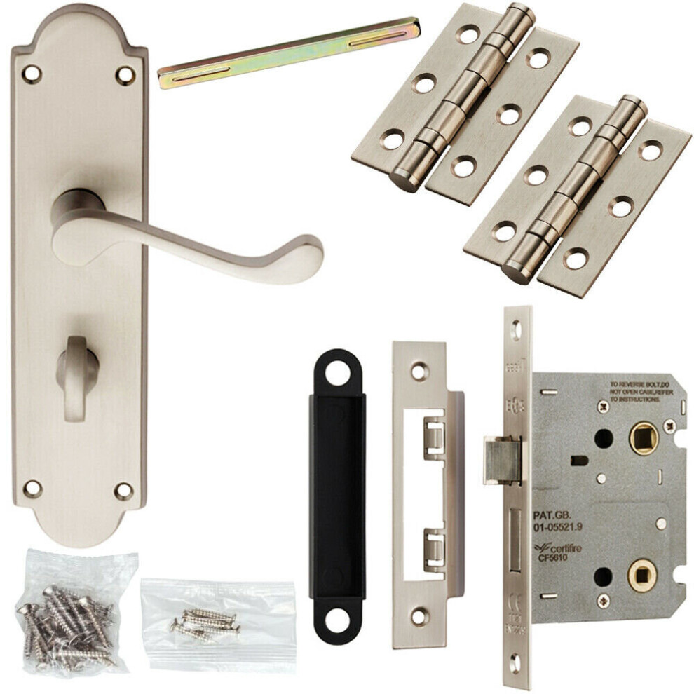 Door Handle & Bathroom Lock Pack Satin Chrome Victorian Scroll Ornate Backplate