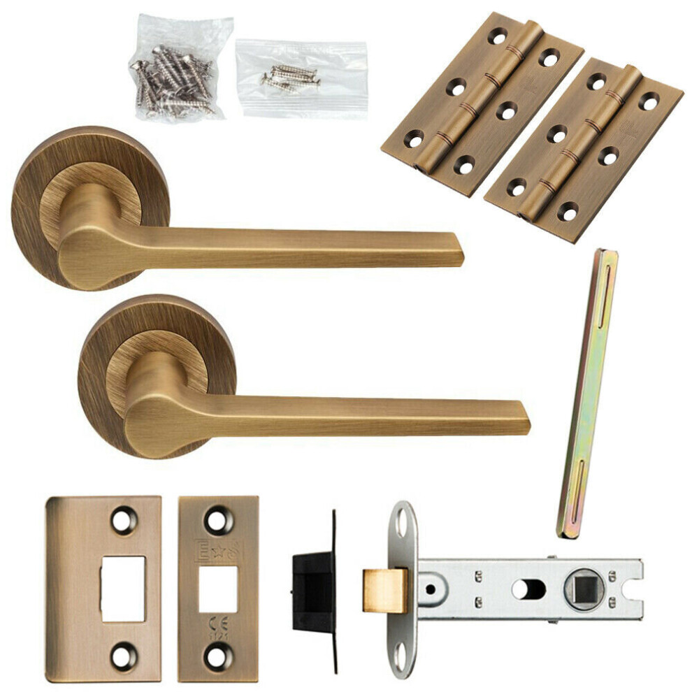 Door Handle & Latch Pack Antique Brass Rounded Lever Screwless Round Rose 5056524216590