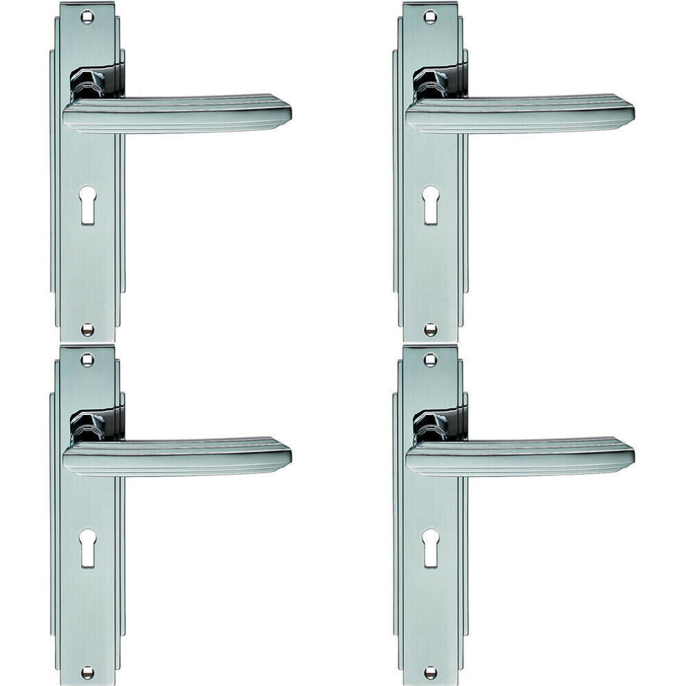 4X Pair Line Detailed Handle On Lock Backplate 205 X 45Mm Polished Chrome