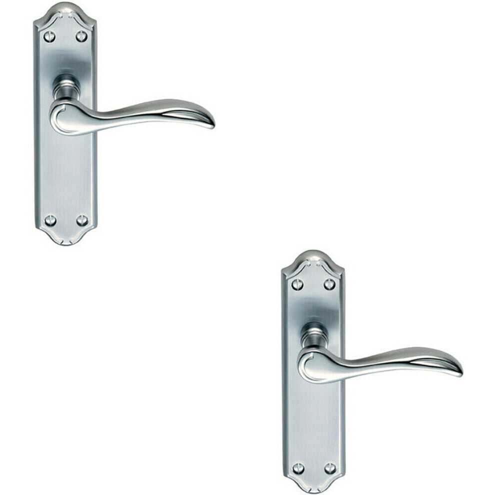 2x PAIR Curved Door Handle Lever on Latch Backplate 180 x 45mm Satin Chrome