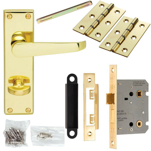 Loops Door Handle & Bathroom Lock Pack Brass Victorian Flat Thumb Turn Backplate