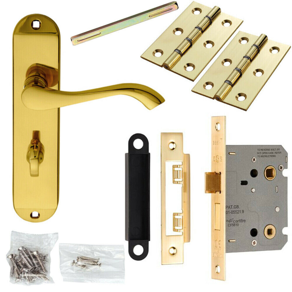 Door Handle & Bathroom Lock Pack Brass Modern Scroll Thumbturn Slim Backplate