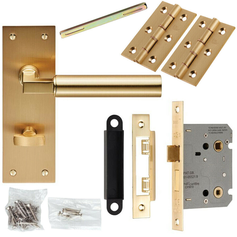 Door Handle & Bathroom Lock Pack Satin Brass Round Lever Thumb Turn Backplate