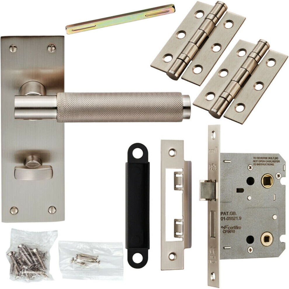Door Handle & Bathroom Lock Pack Satin Nickel Low Profile Knurled Backplate
