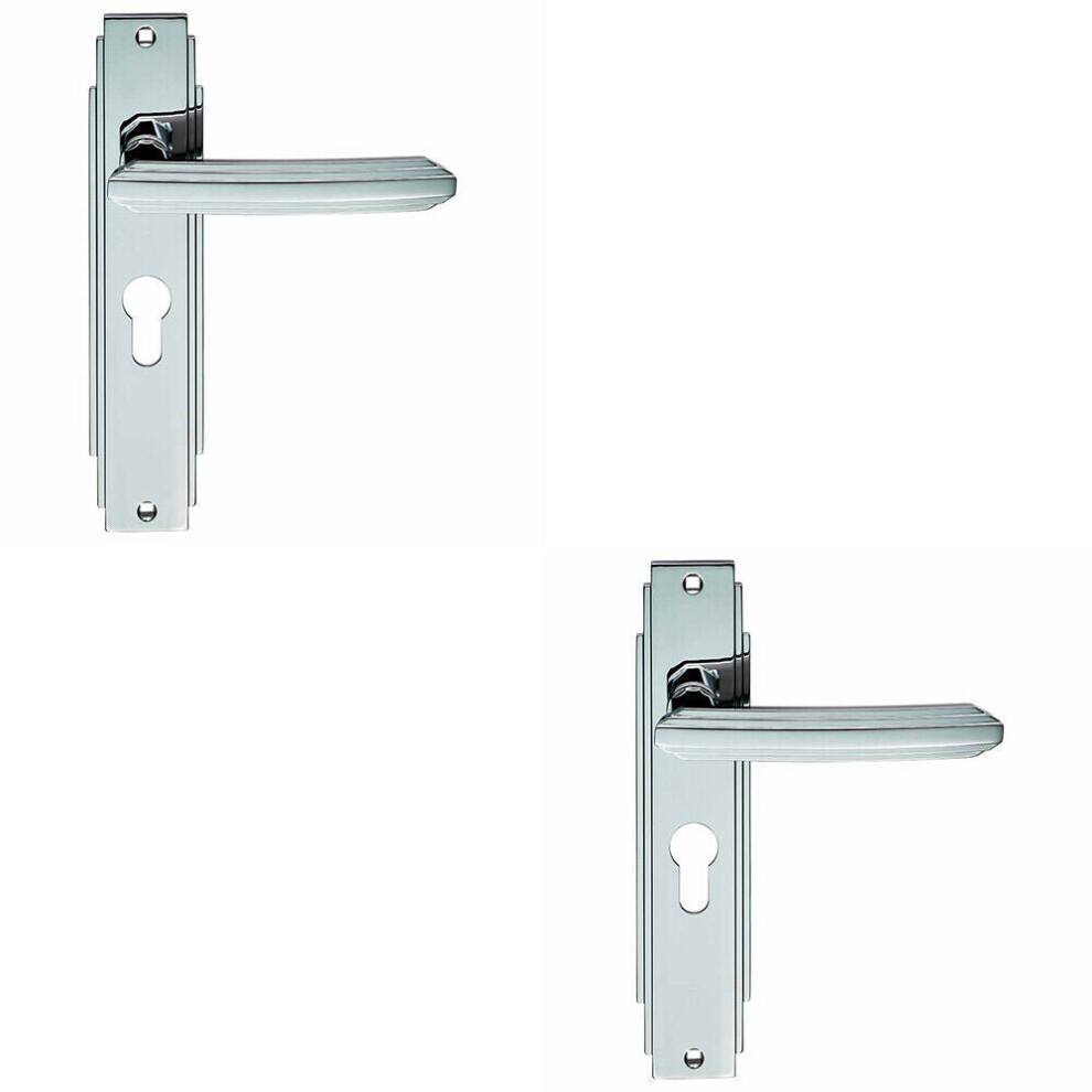 2x PAIR Line Detailed Handle on Euro Lock Backplate 205 x 45mm Polished Chrome