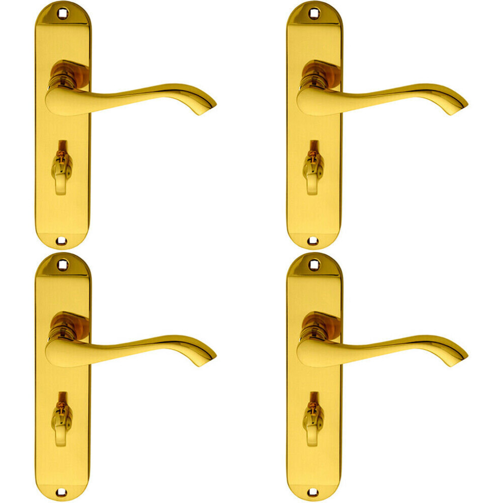 4x PAIR Curved Handle on Chamfered Bathroom Backplate 180 x 40mm Polished Brass