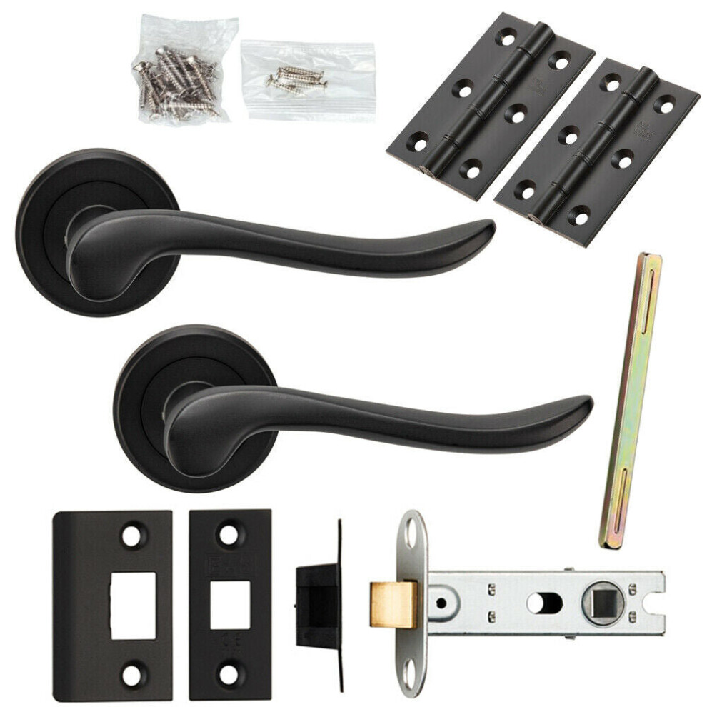 Loops Door Handle & Latch Pack Matt Black Scroll Shaped Lever Screwless Round Rose