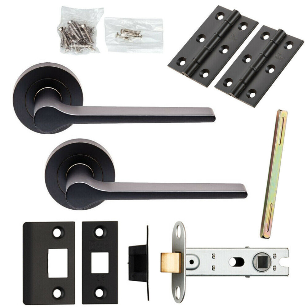 Door Handle & Latch Pack Matt Black Straight Rounded Bar Screwless Round Rose