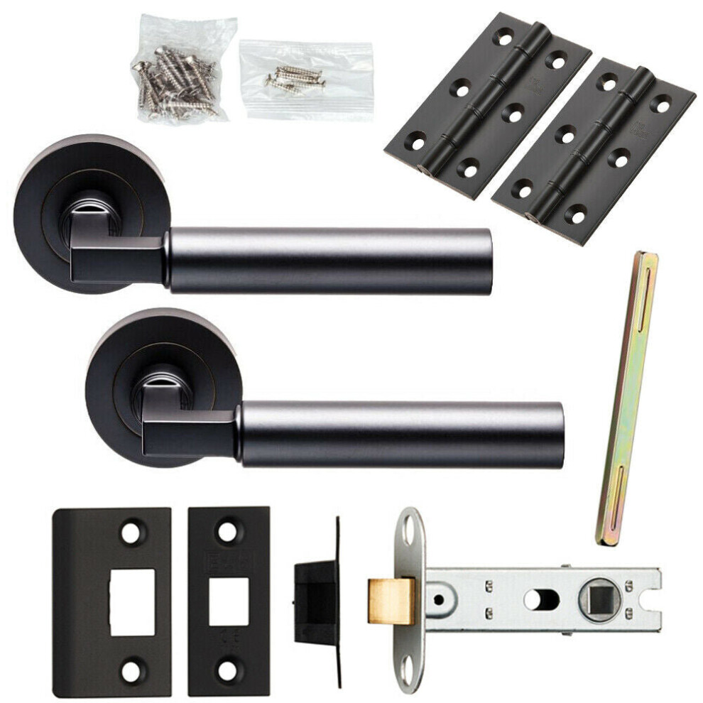 Door Handle & Latch Pack Matt Black Straight Round Lever Screwless Round Rose