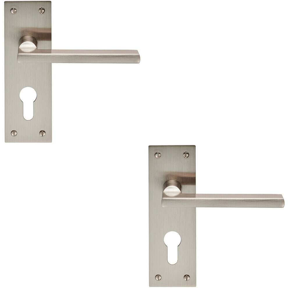 2x PAIR Straight Bar Handle on Slim Euro Lock Backplate 150 x 50mm Satin Nickel