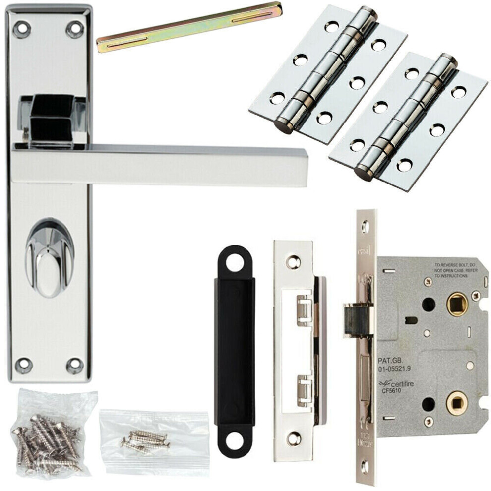 Door Handle & Bathroom Lock Pack Chrome Straight Square Thumb Turn Backplate 5056524215272
