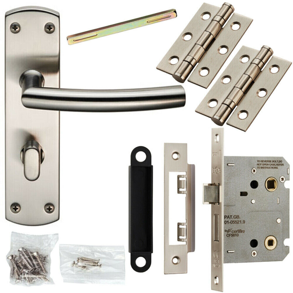 Loops Door Handle & Bathroom Lock Pack Satin Steel Curved & Mitred Bar Backplate