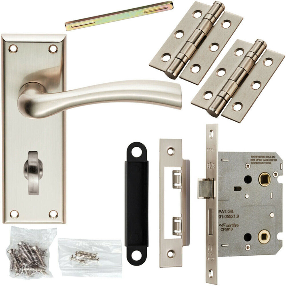 Loops Door Handle & Bathroom Lock Pack Satin Nickel Chunky Tapered Lever Backplate