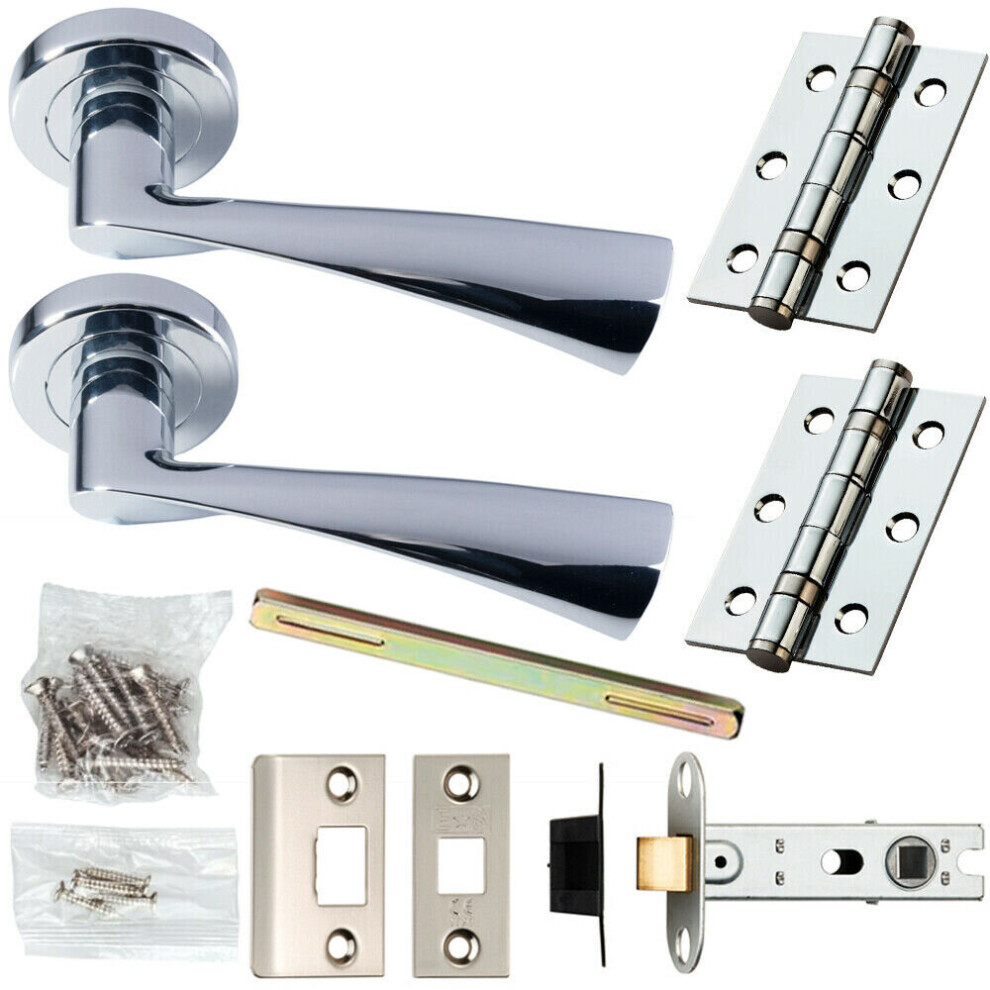 Door Handle & Latch Pack Chrome Modern Curved Twisted Bar Screwless Round Rose