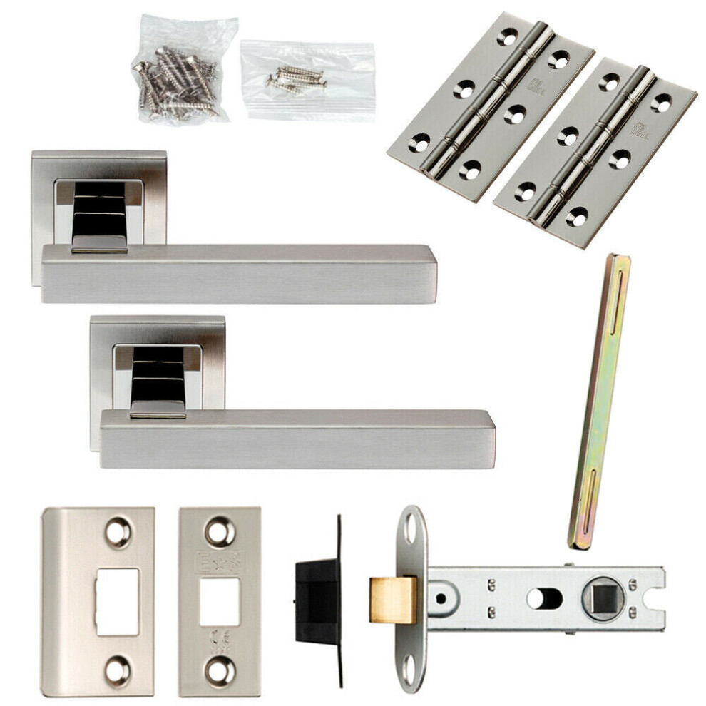 Door Handle & Latch Pack Polished & Satin Steel Square Lever Screwless Rose