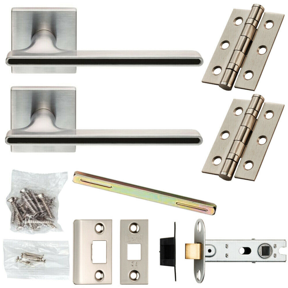 Door Handle & Latch Pack Satin Chrome & Black Inlay Slim Screwless Square Rose