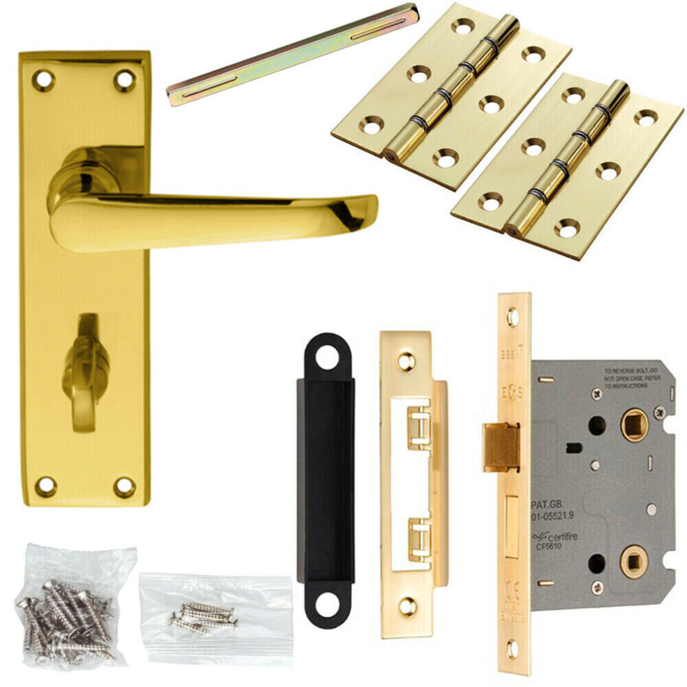 Door Handle & Bathroom Lock Pack Brass Victorian Straight Thumbturn Backplate