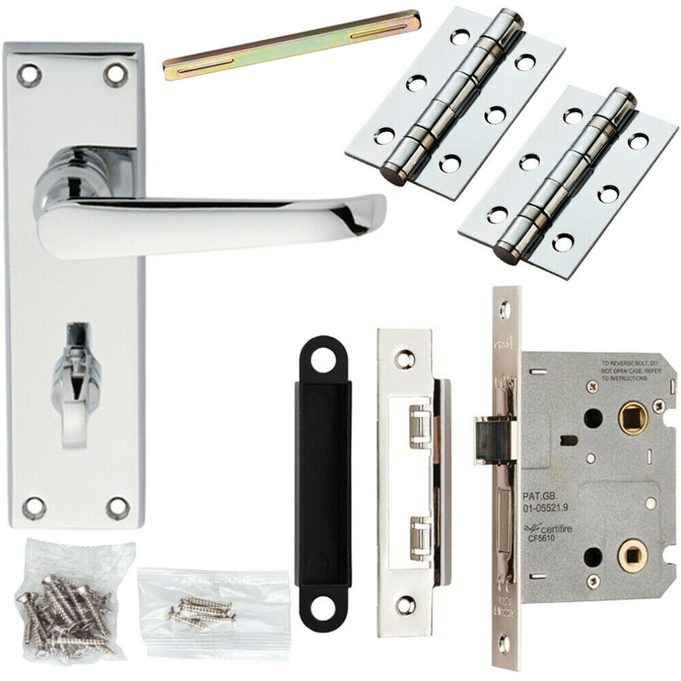 Door Handle & Bathroom Lock Pack Chrome Victorian Straight 150 x 42mm Backplate