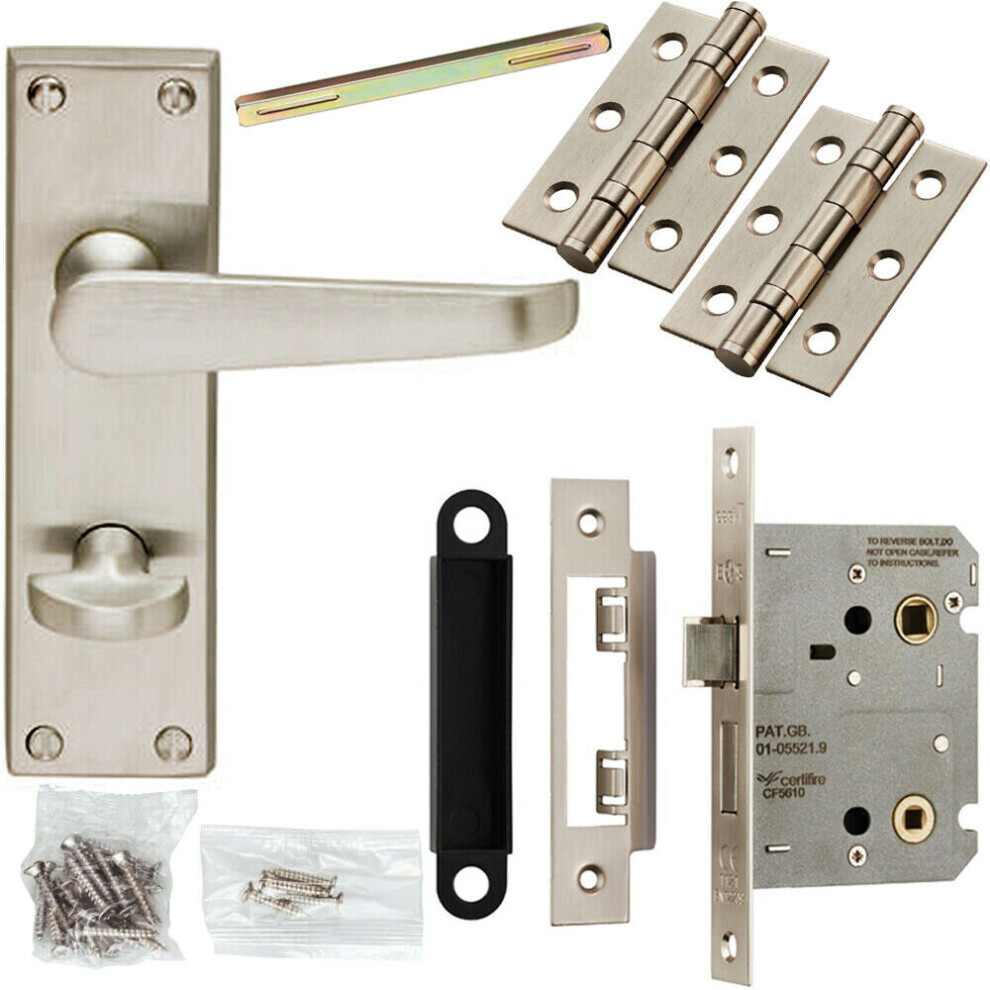 Door Handle & Bathroom Lock Pack Satin Chrome Victorian Flat Lever Backplate