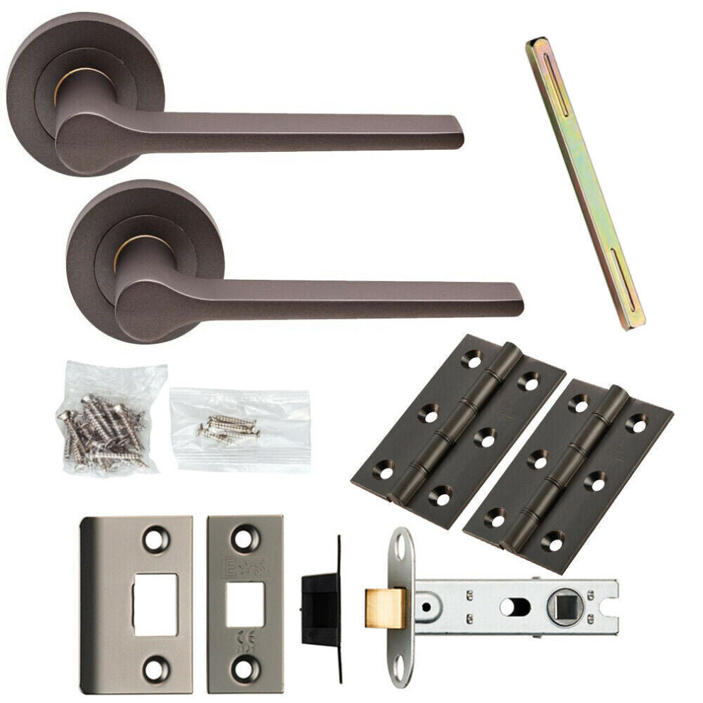 Door Handle & Latch Pack Matt Bronze Slim Rounded Lever Screwless Round Rose 5056524216613