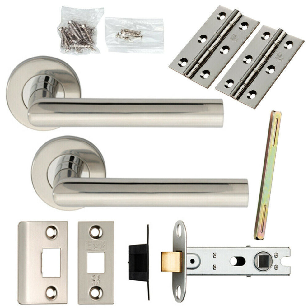 Loops Door Handle & Latch Pack Polished Steel Mitred Lever Screwless Round Rose