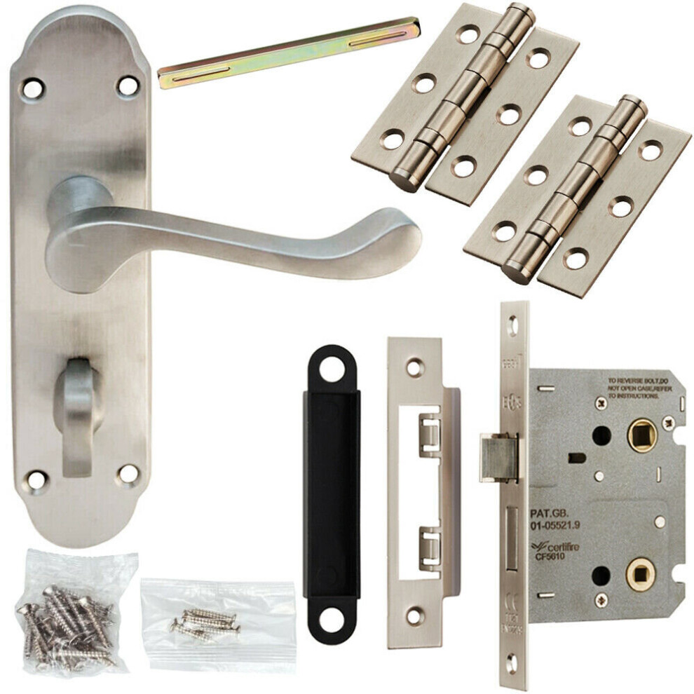 Door Handle & Bathroom Lock Pack Satin Chrome Victorian Upturned Bar Backplate