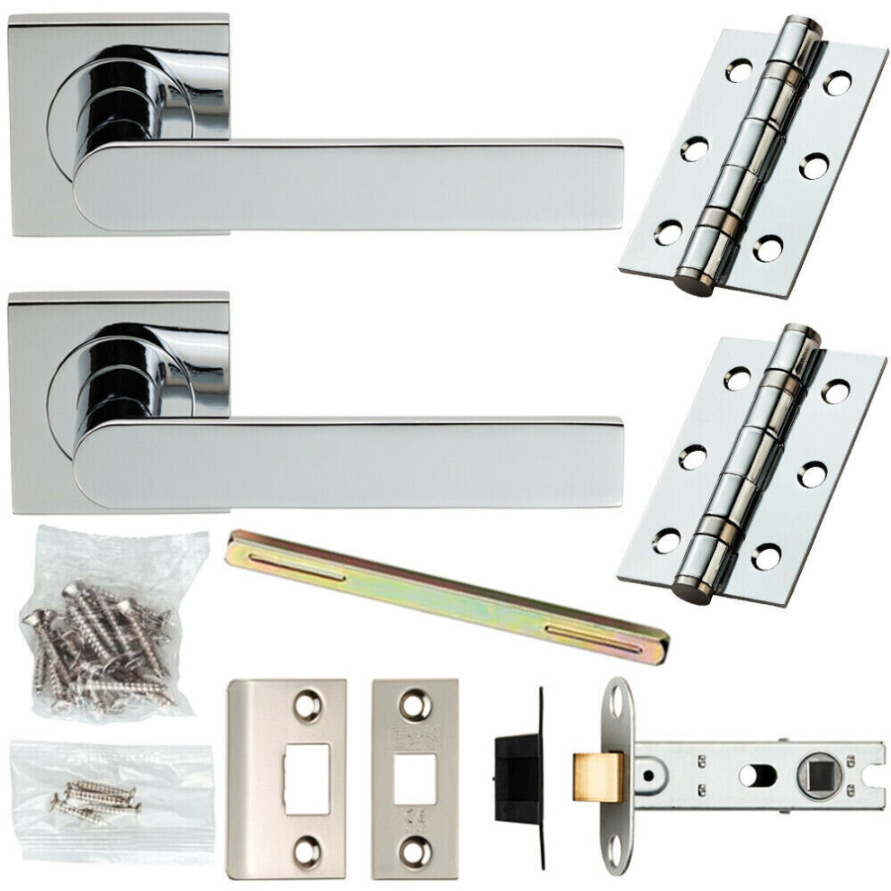 Door Handle & Latch Pack Chrome Modern Flat Sleek Bar on Screwless Square Rose
