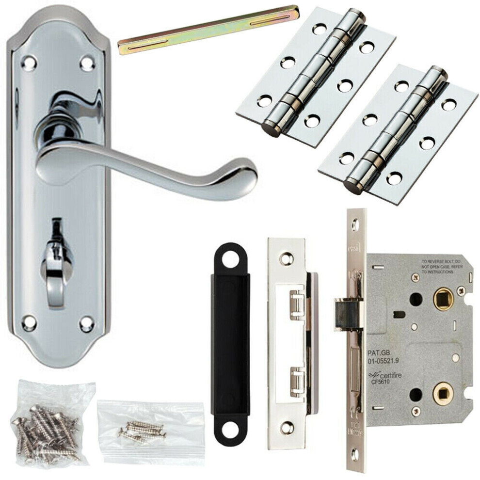 Door Handle & Bathroom Lock Pack Chrome Scroll Upturned Thumb Turn Backplate