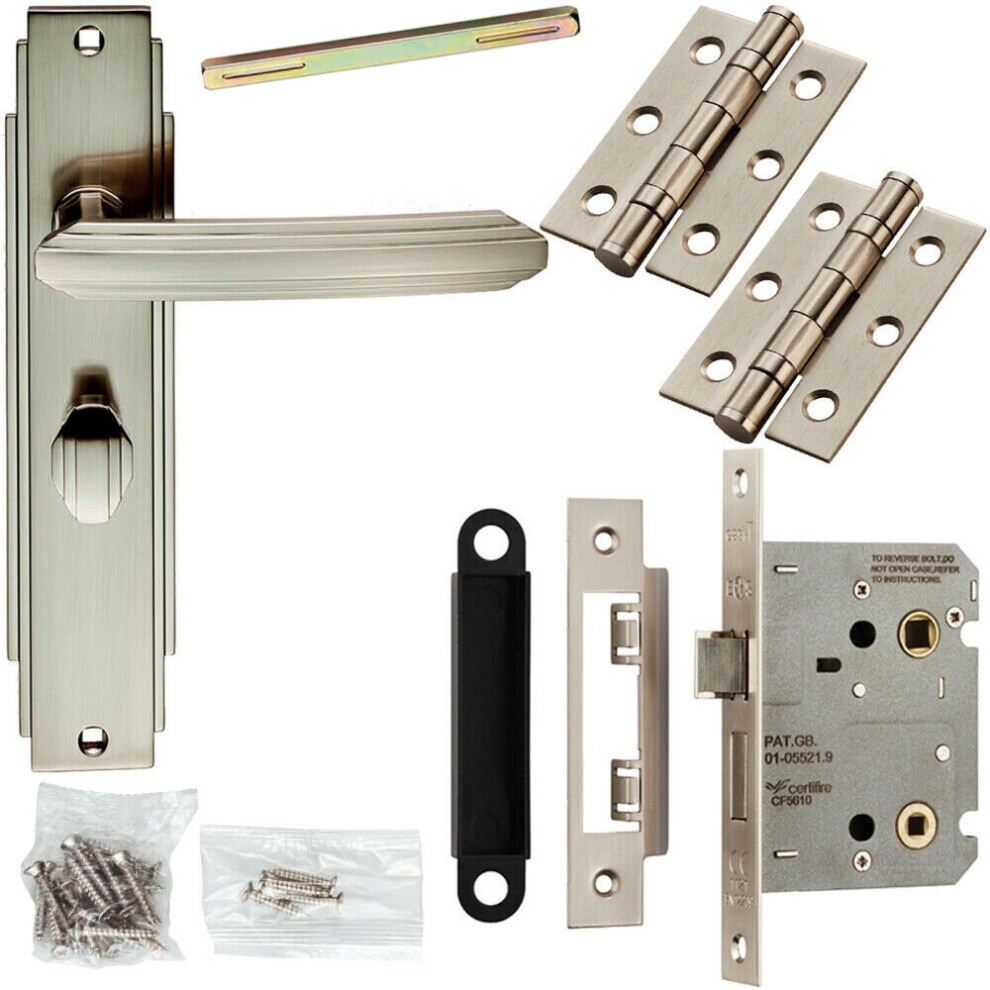 Door Handle & Bathroom Lock Pack Satin Nickel Art Deco Detail Premium Backplate