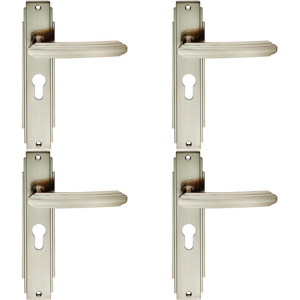 4x PAIR Line Detailed Handle on Euro Lock Backplate 205 x 45mm Satin Nickel