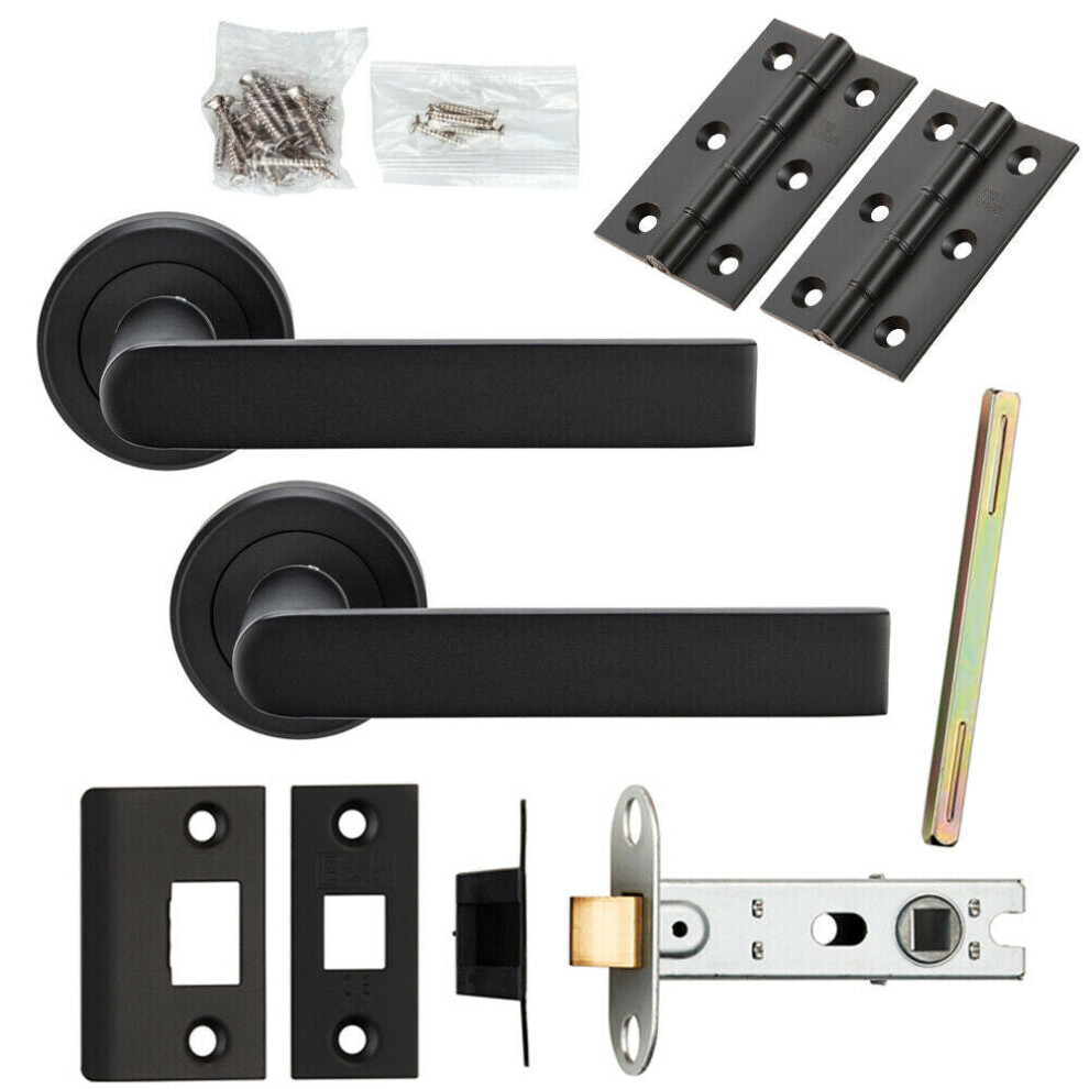 Door Handle & Latch Pack Matt Black Rectangular Lever Screwless Round Rose