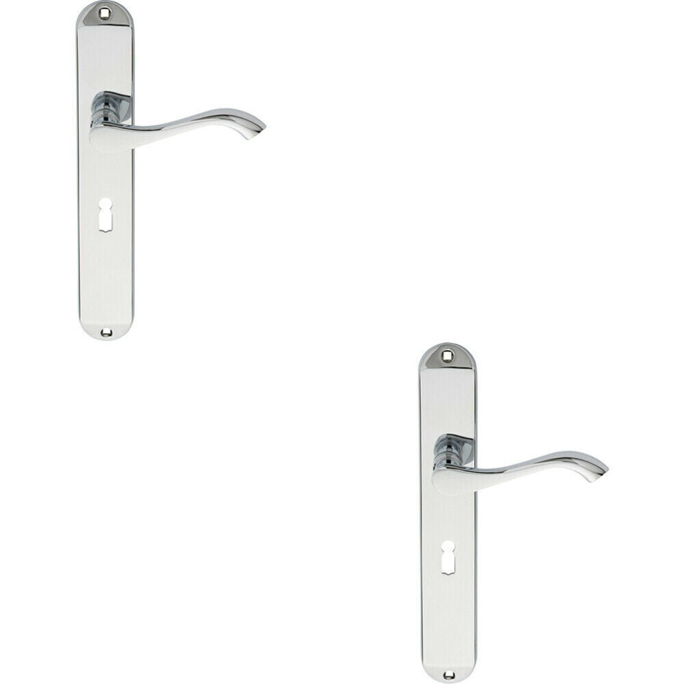 2x PAIR Curved Handle on Long Slim Lock Backplate 241 x 40mm Polished Chrome