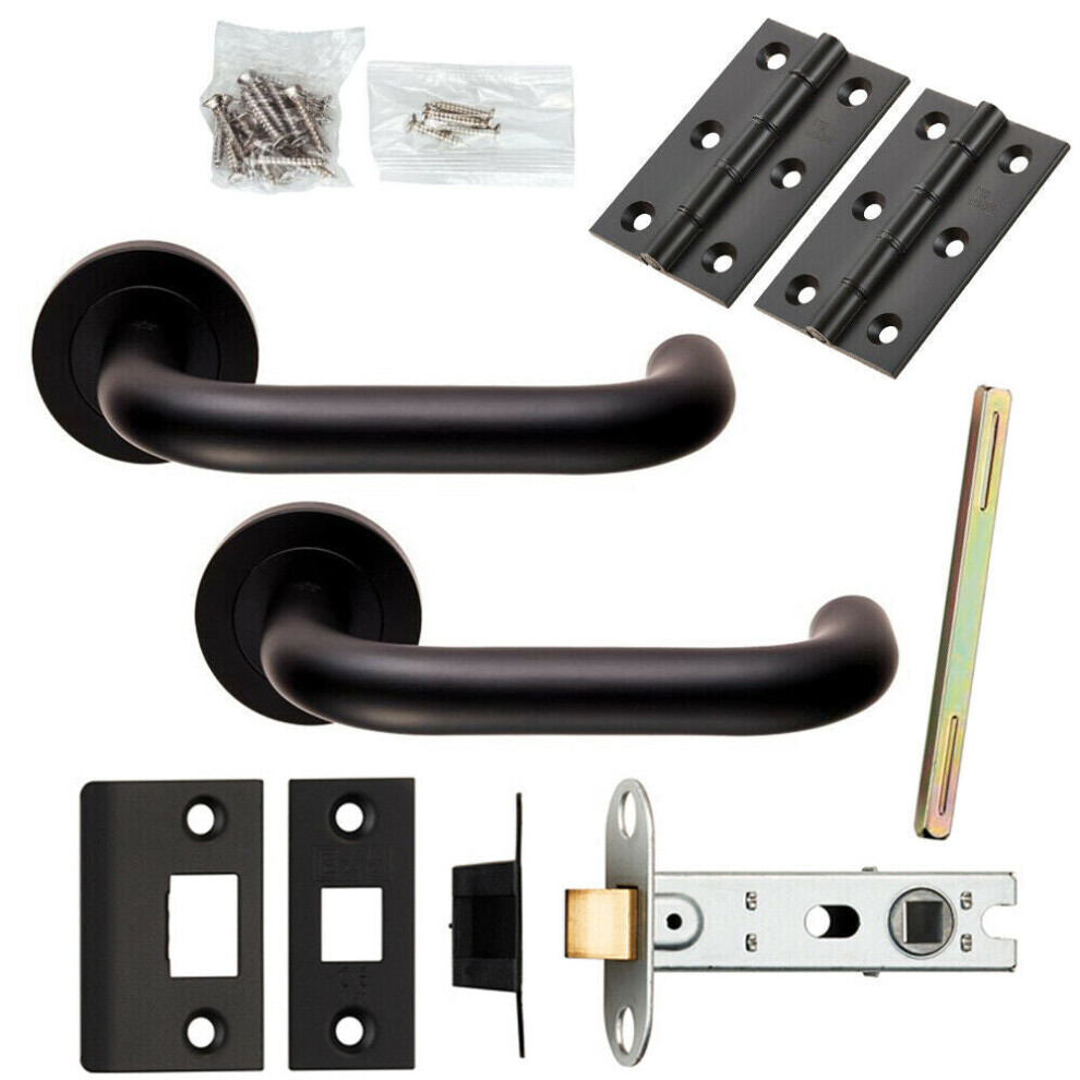 Door Handle & Latch Pack Matt Black Curved Safety Lever Screwless Round Rose