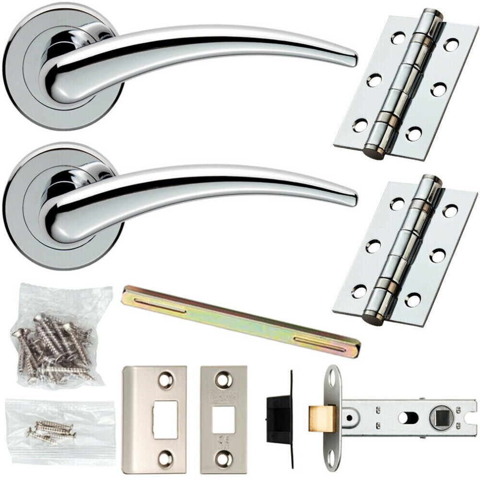 Door Handle & Latch Pack Chrome Modern Tapered Slim Bar Screwless Round Rose