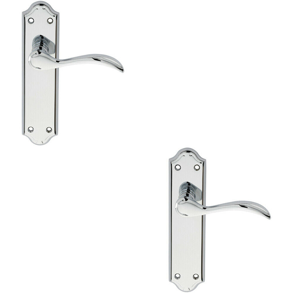 2X Pair Curved Door Handle Lever On Latch Backplate 180 X 45Mm Polished Chrome