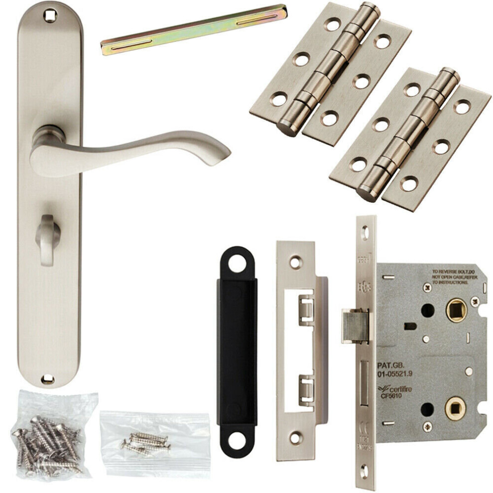 Loops Door Handle & Bathroom Lock Pack Satin Chrome Scroll Round Tall Slim Backplate