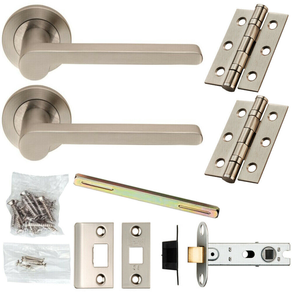 Door Handle & Latch Pack Satin Steel Modern Flat Lever Screwless Round Rose