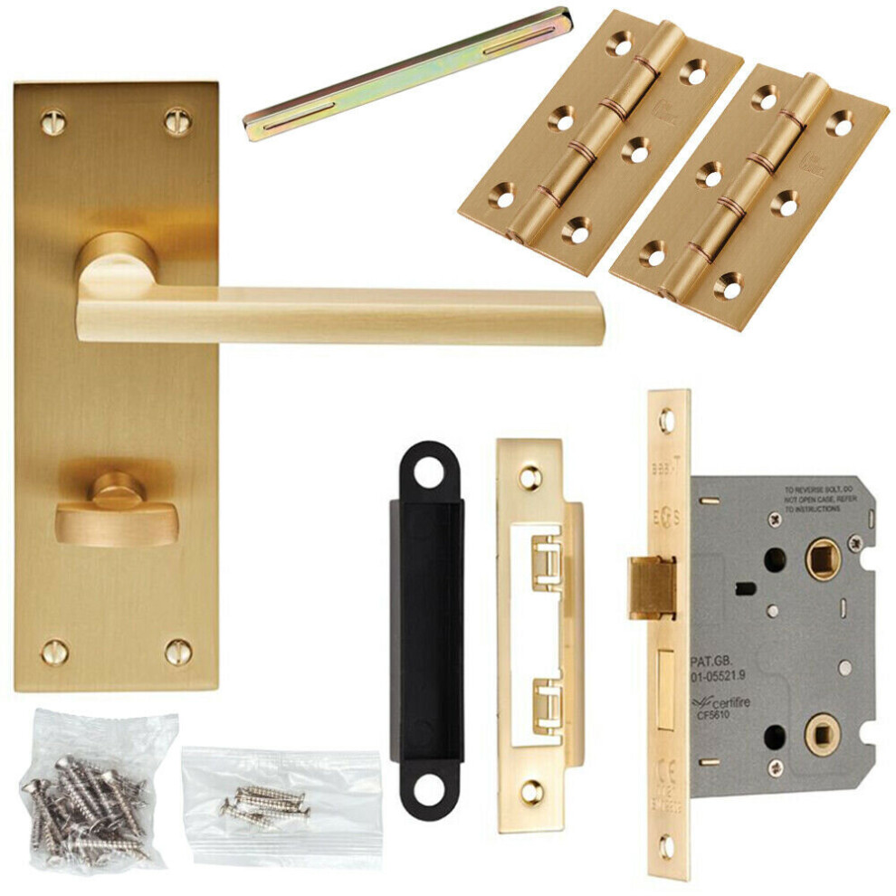 Door Handle & Bathroom Lock Pack Satin Brass Straight Lever Turn Backplate